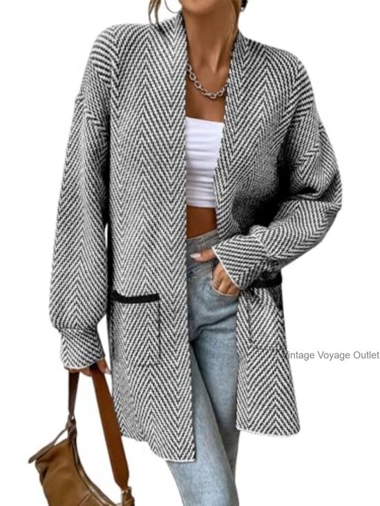 Sweaters - Womens Open Front Chevron Cardigan Sweater 100% Acrylic Long Sleeve